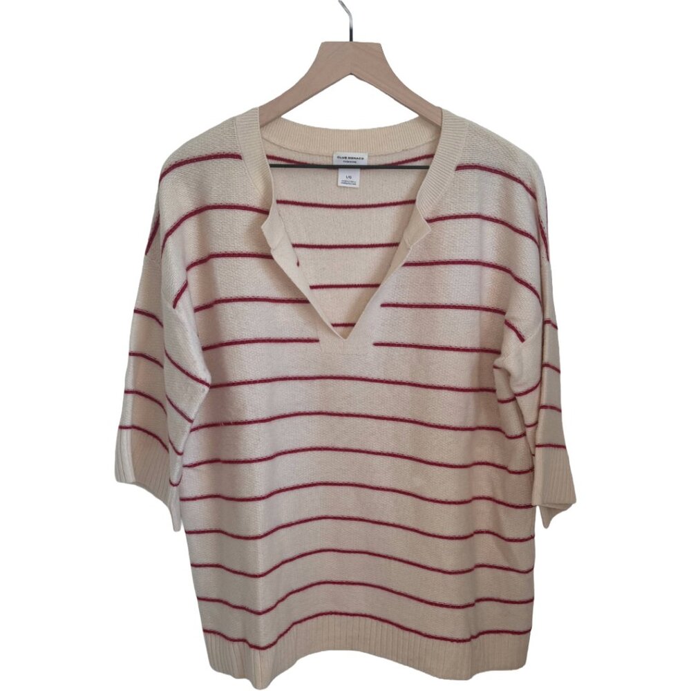 Club Monaco Cashmere Striped Split Neck Sweater Cream Pink Size L